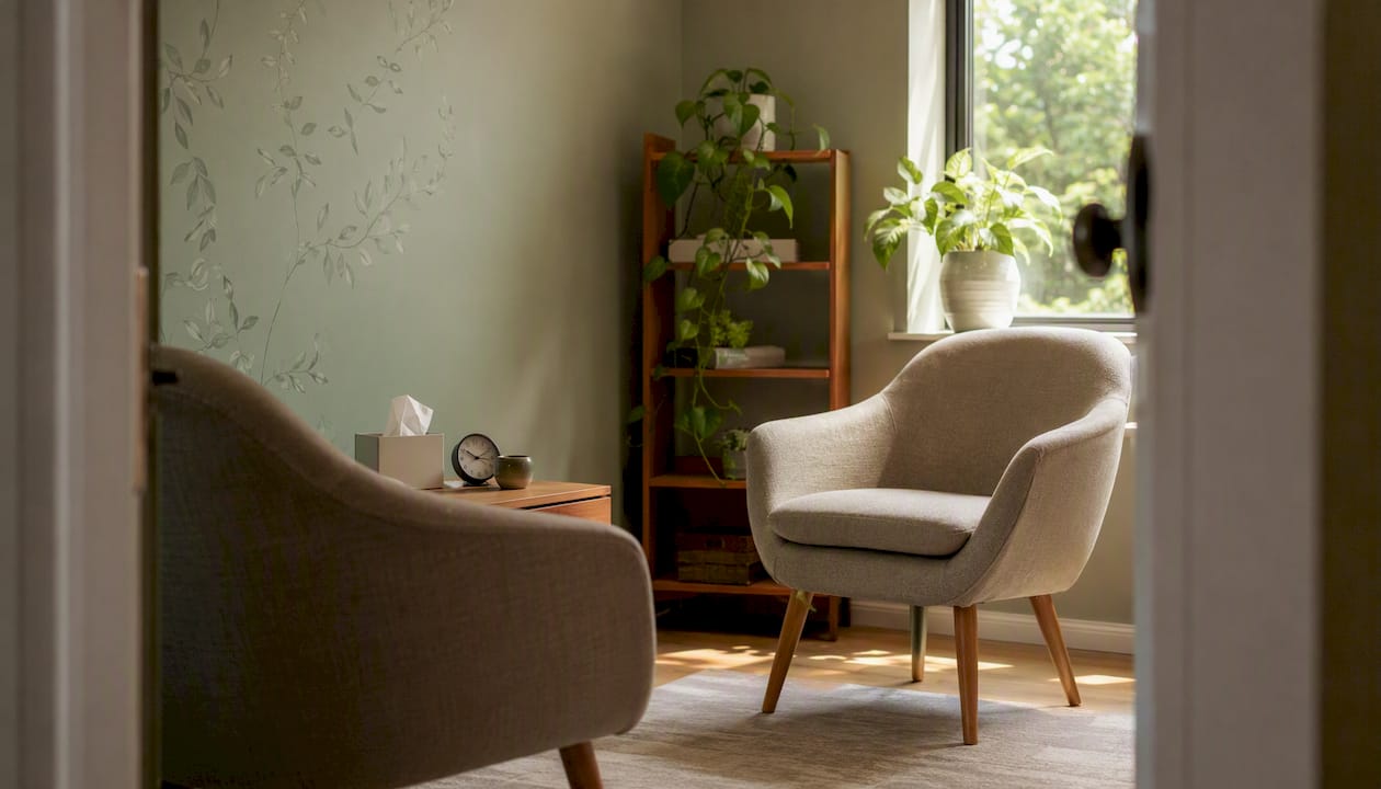 Serene therapy clinic corner with plants