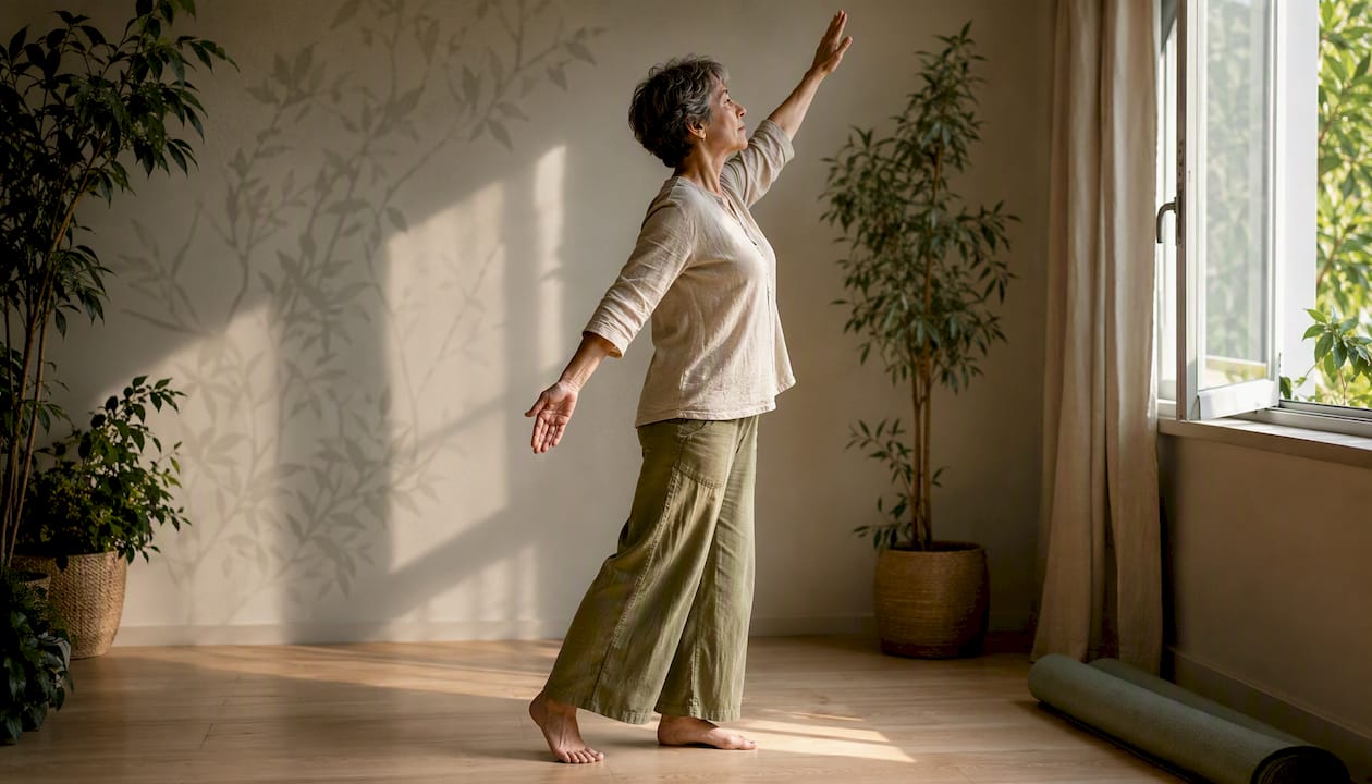 Person performing gentle arm movement exercise at home