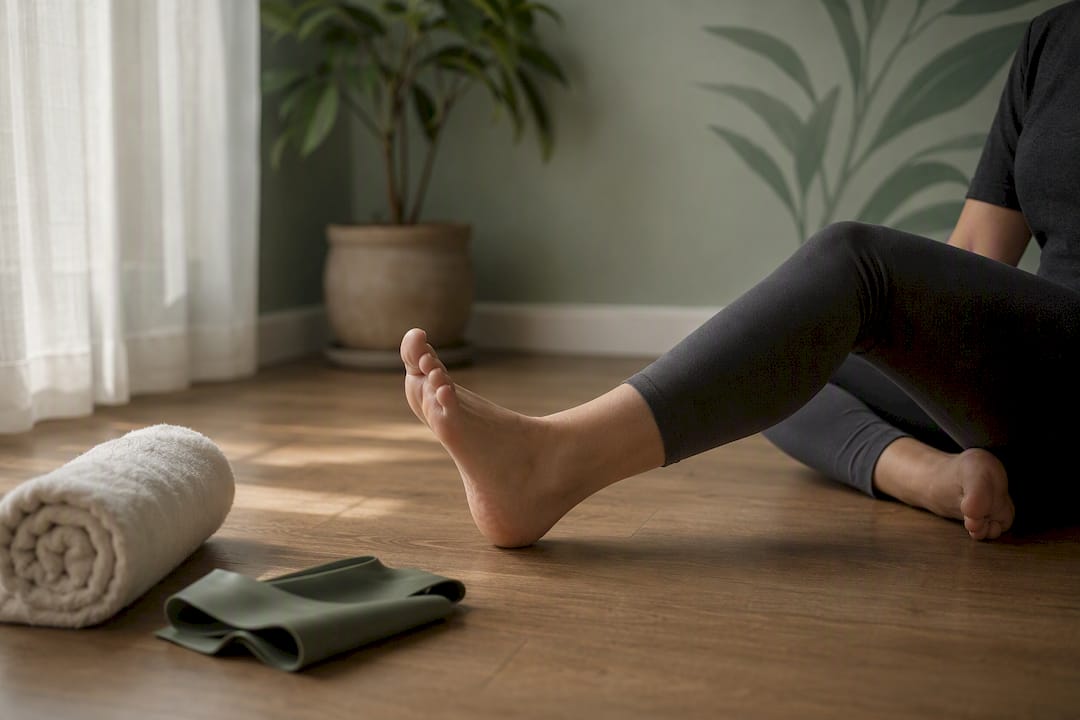 Patient doing ankle alphabet exercises on floor mat