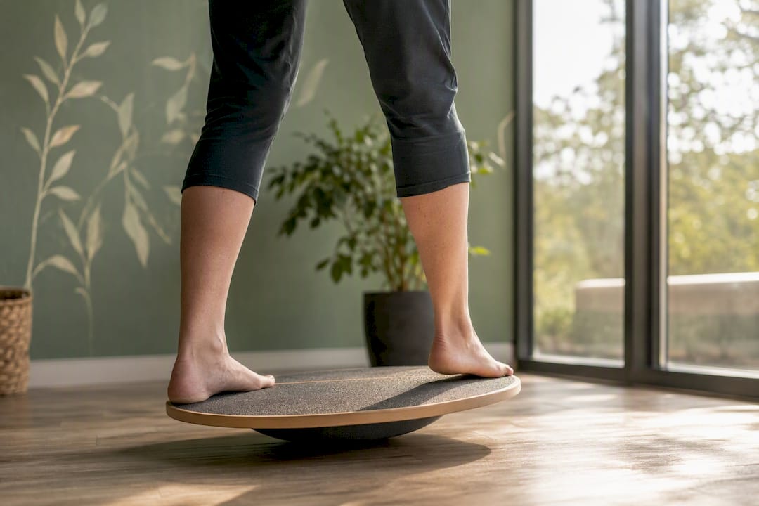 Bare feet balancing on wobble board