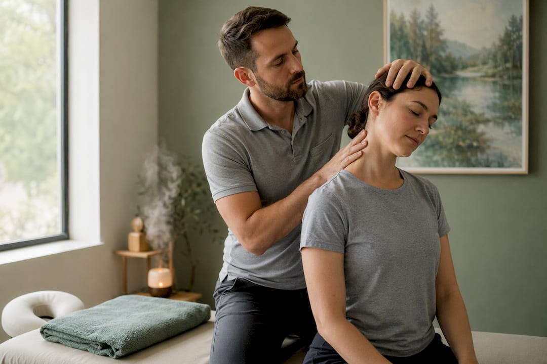 Therapist performing neck therapy on patient