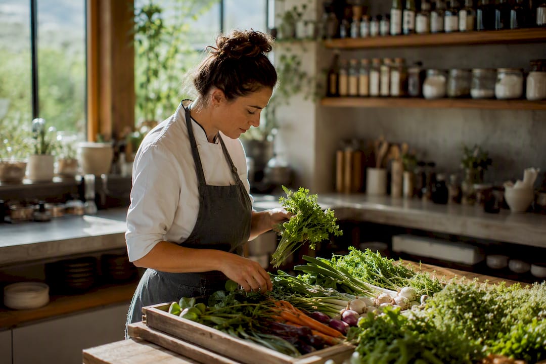 Chef selecting fresh ingredients in kitchen