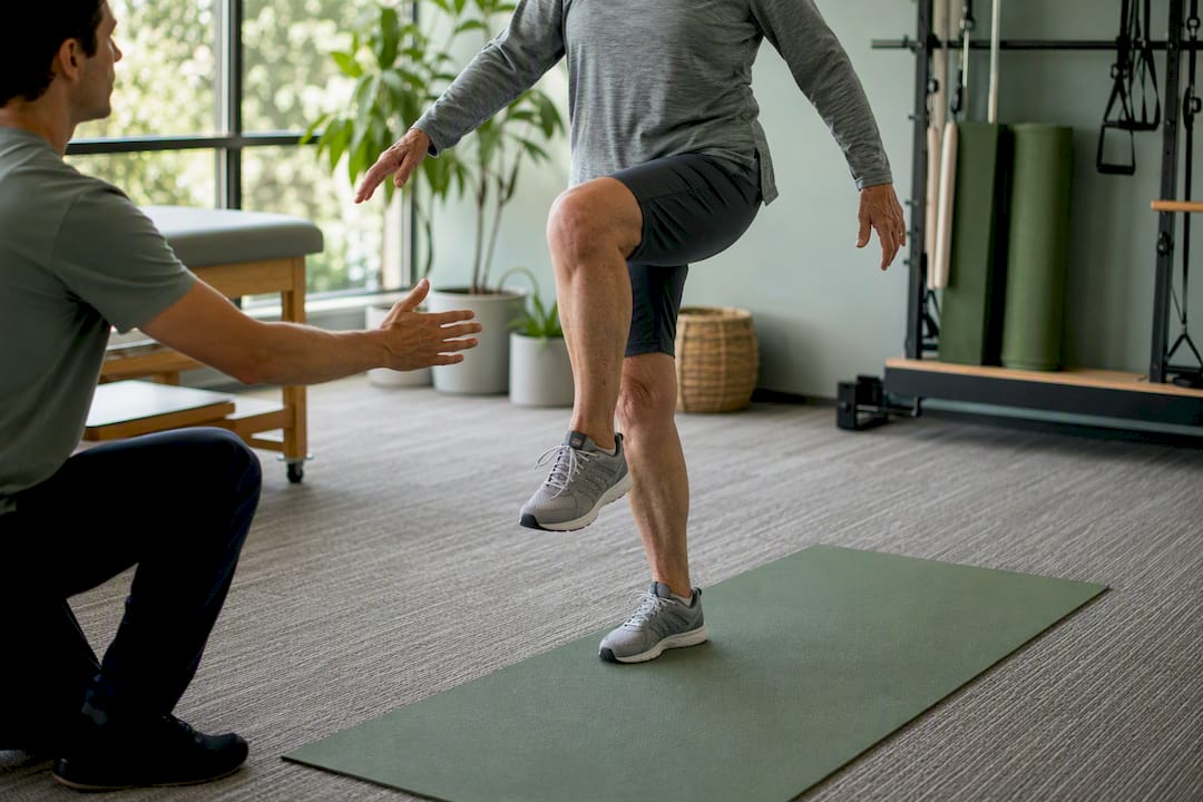 Patient doing single-leg balance exercise in therapy