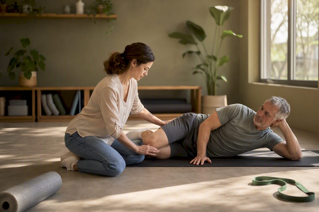 Therapist assisting groin rehab exercise