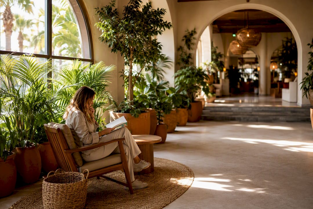 Biophilic design in hotel lobby with plants and natural light