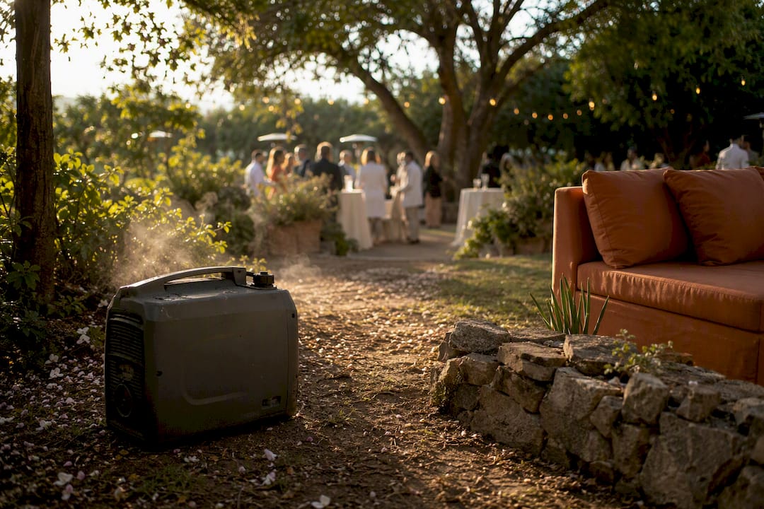 Inverter generator placed discreetly near outdoor dinner