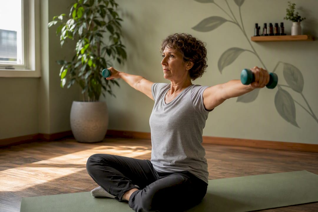 Patient doing rotator cuff shoulder exercise in therapy room
