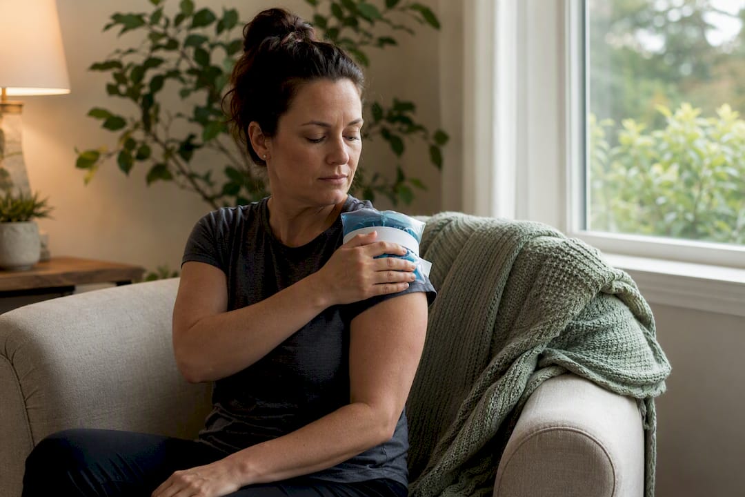 Person applying ice pack to shoulder for rehab pain