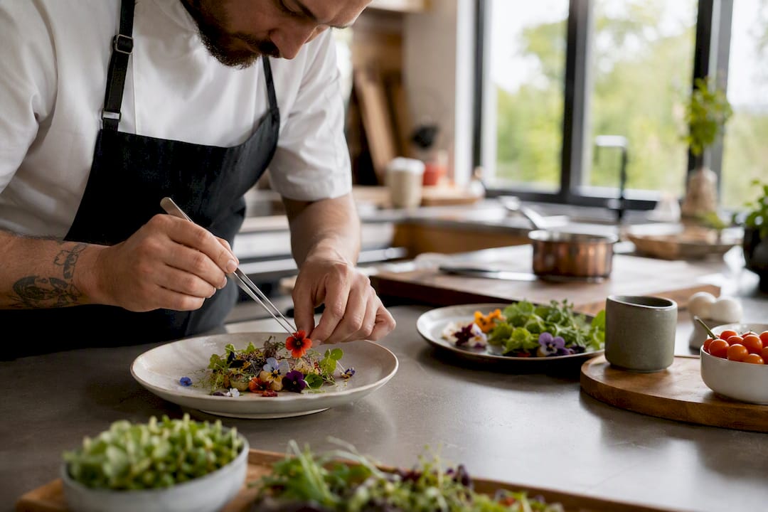 Private chef plating dish in kitchen