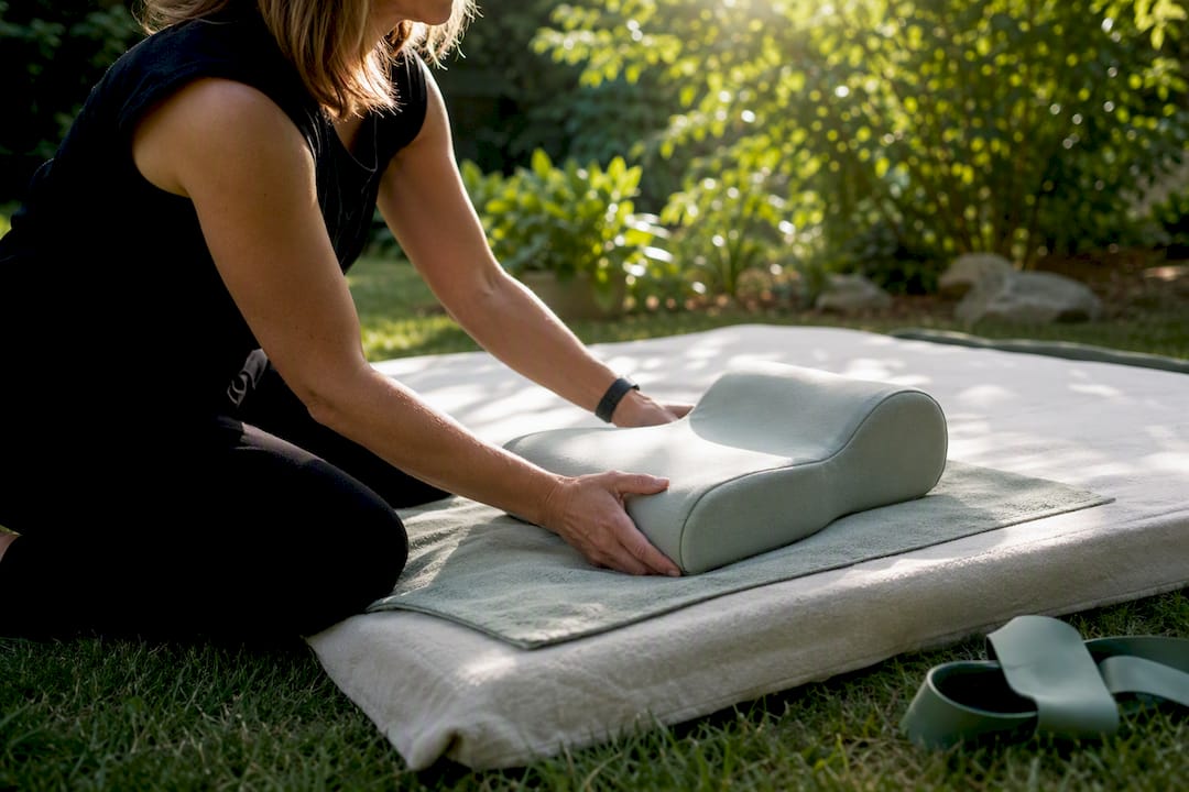 Therapist hands adjusting craniosacral pillow in home therapy