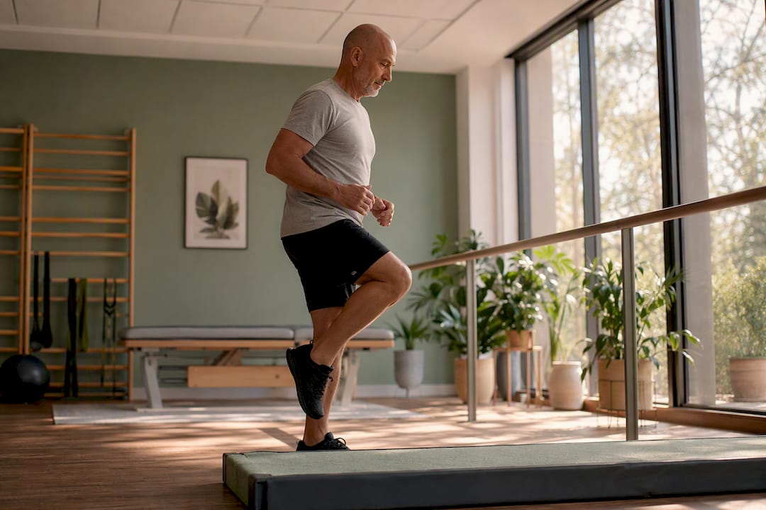 Patient balancing on one leg during therapy session