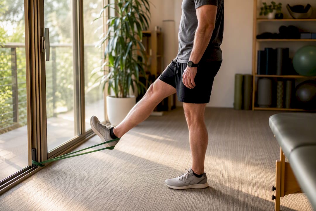 Patient doing hip strengthening exercise with resistance