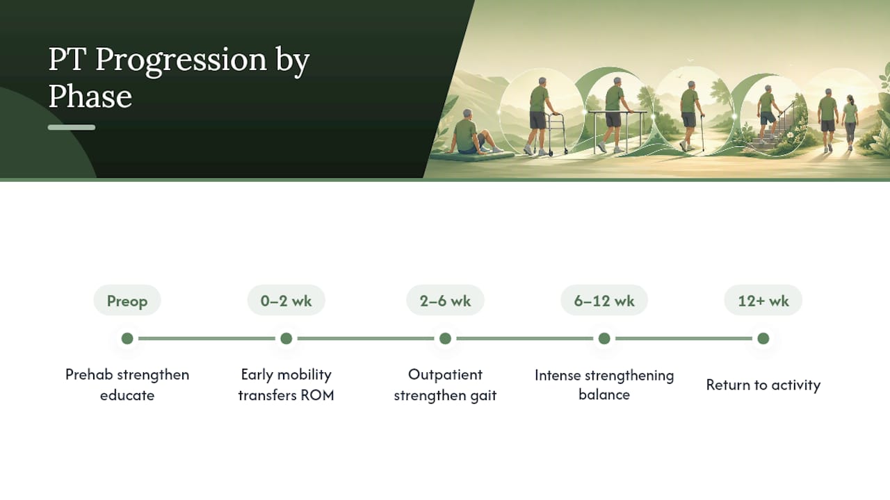 Timeline diagram of hip replacement physical therapy phases