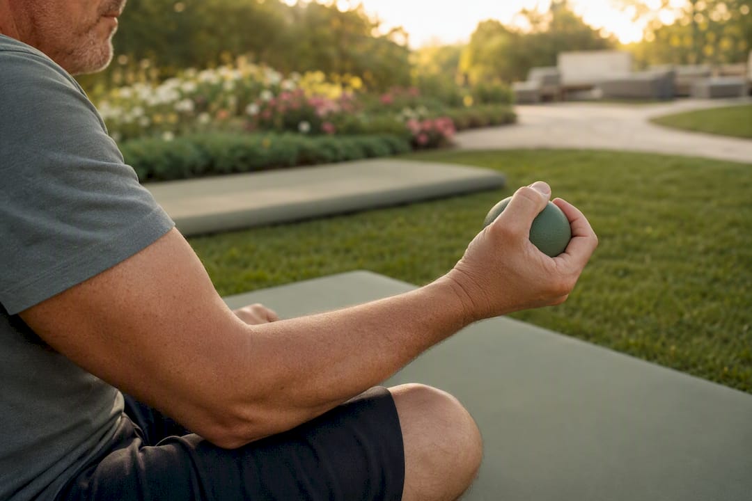 Forearm squeezing therapy ball indoors