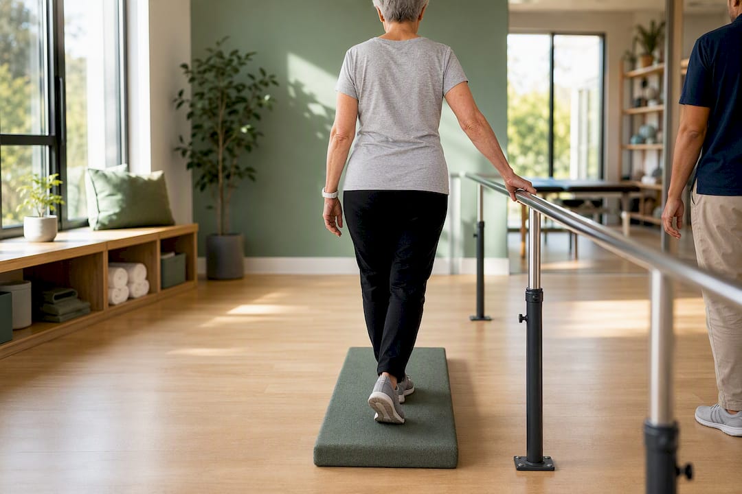 Patient practicing tandem walking on foam