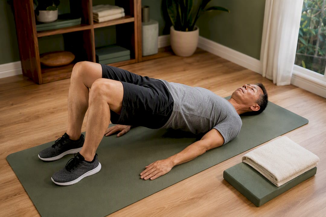 Adult performing a controlled bridge exercise