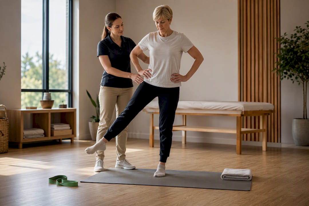 Therapist guiding standing hip strengthening exercise