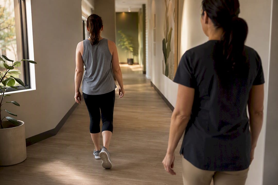 Therapist observing patient gait assessment