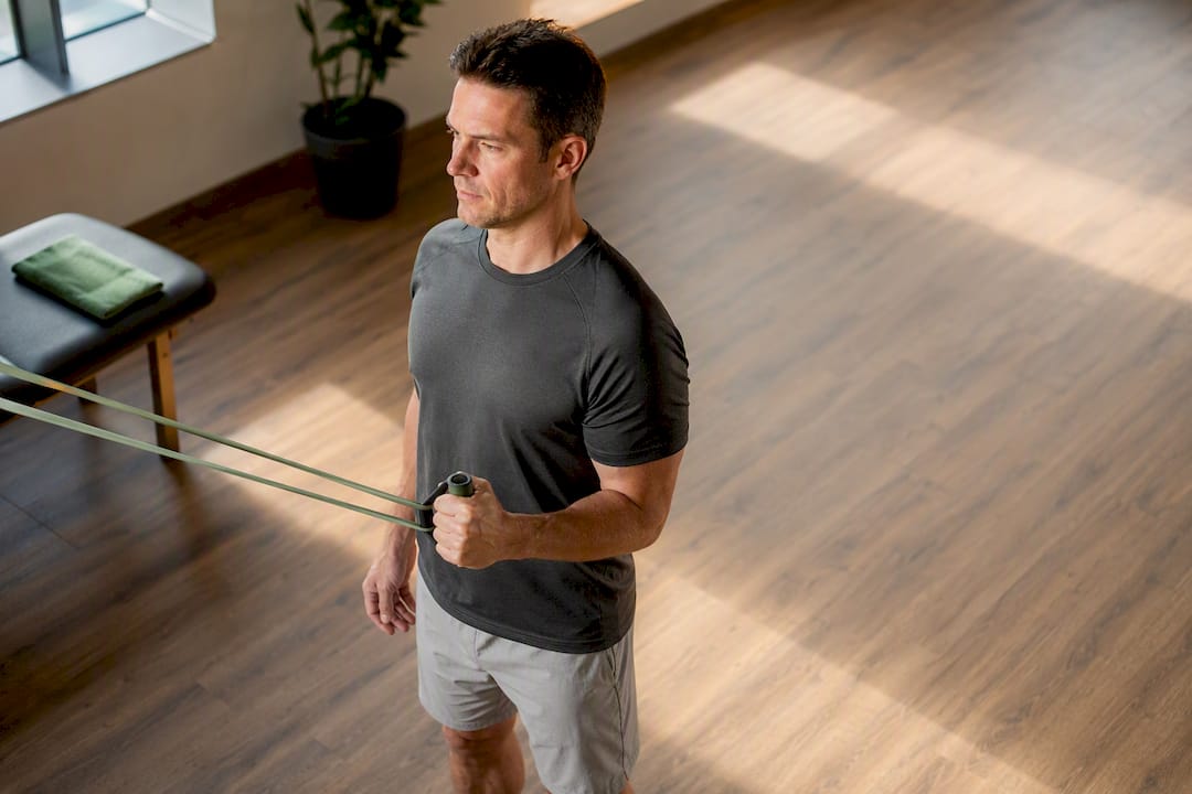 Patient performing controlled rotator cuff exercise