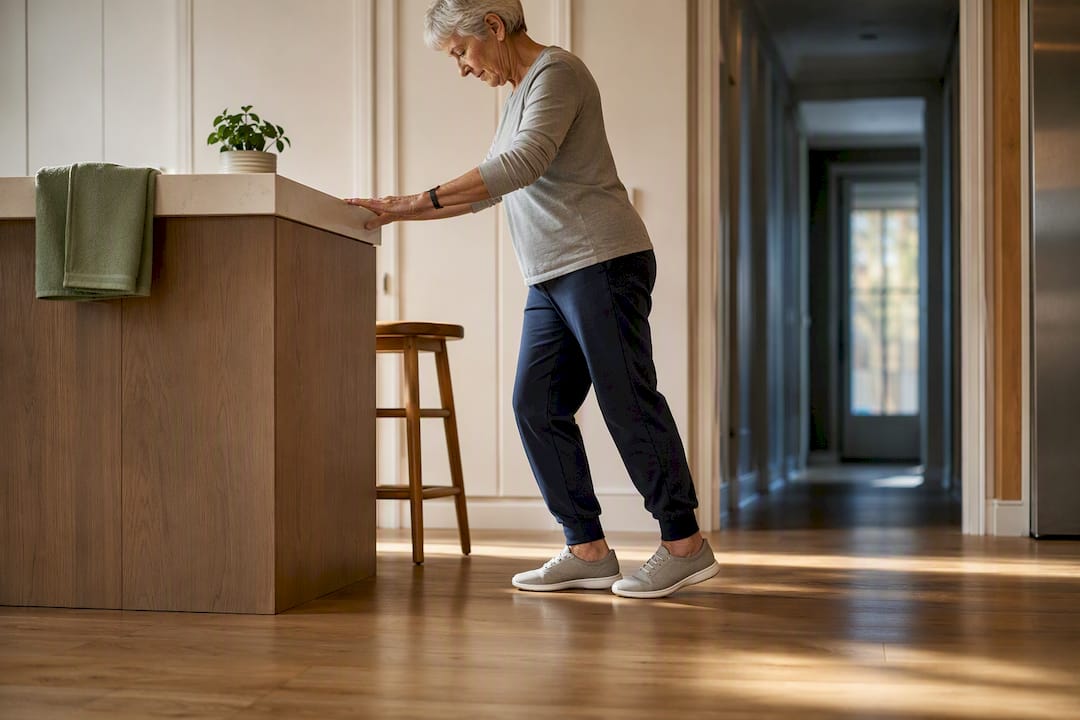 Senior practicing balance beside kitchen counter
