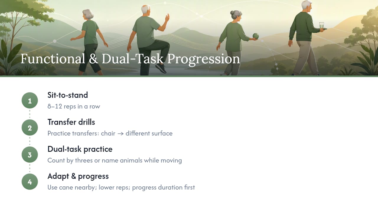 Balance exercise progression from strength to dual task