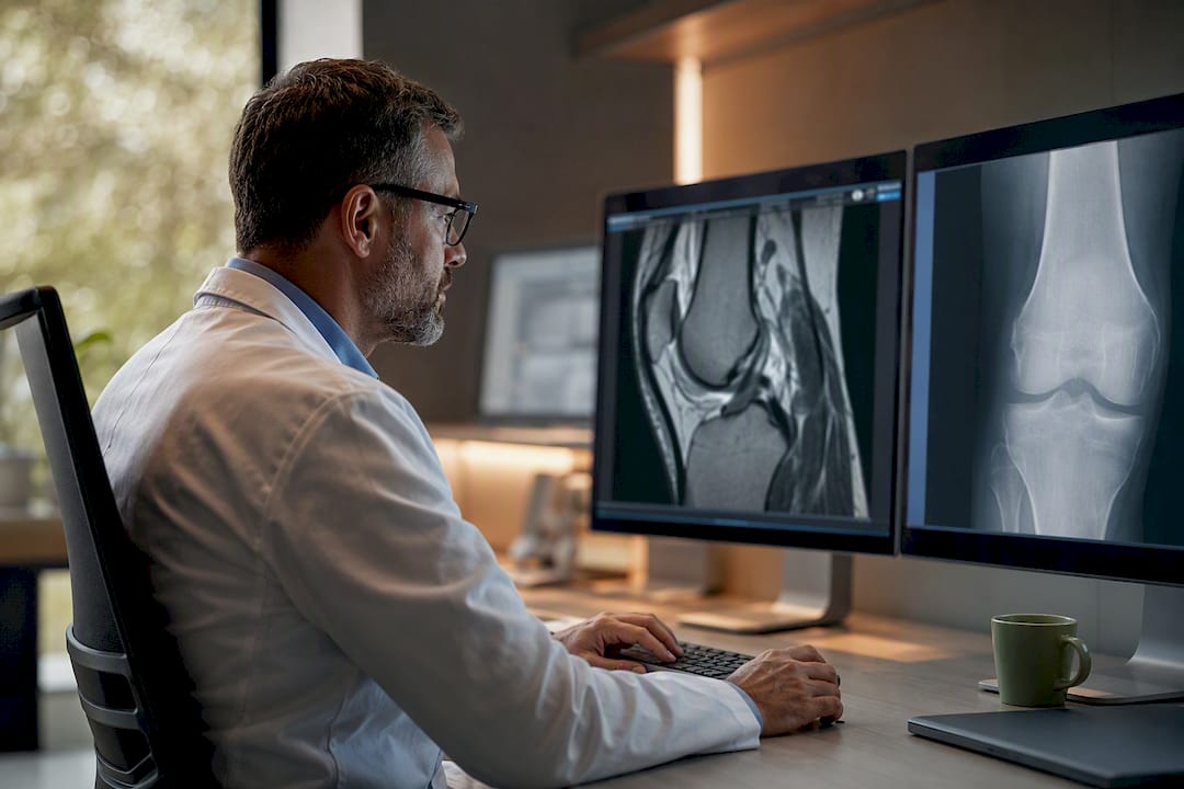 Radiologist reviewing knee MRI and X-ray images