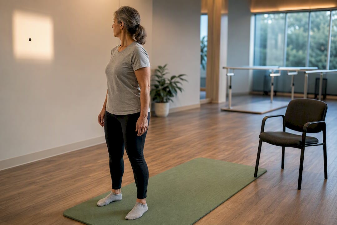 Patient practicing vestibular gaze stabilization exercise