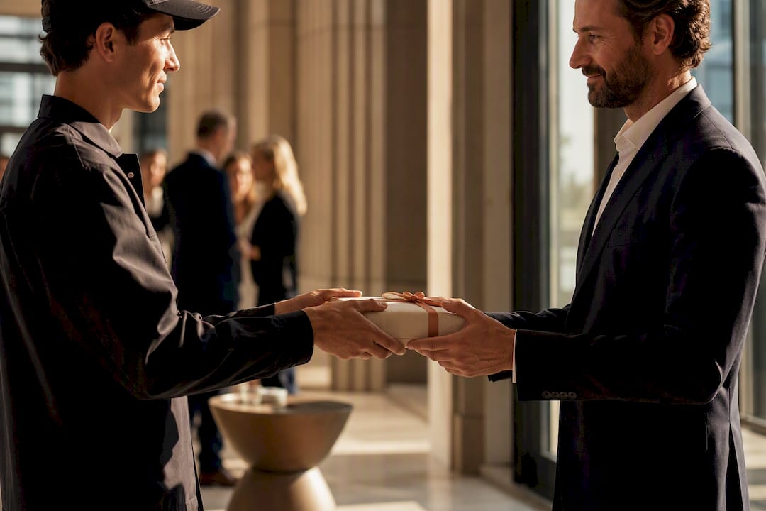 Courier presenting a discreet executive gift