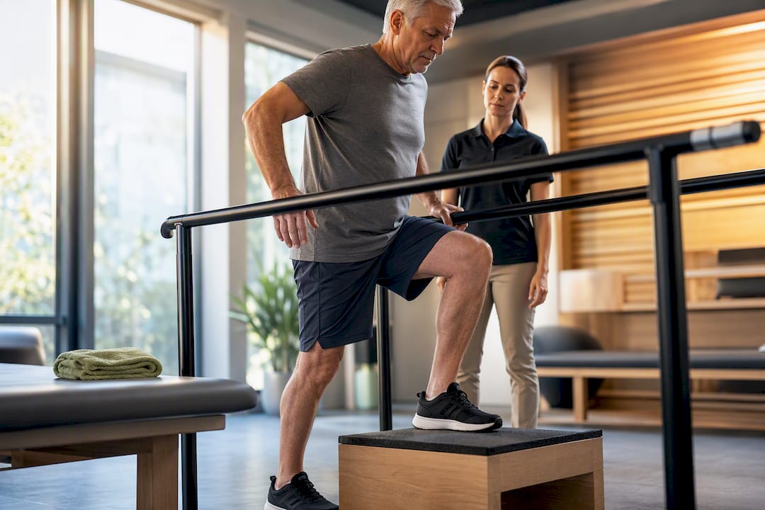 Patient practicing supported step-up exercise