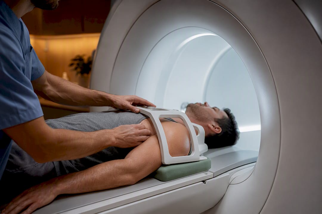 Patient undergoing shoulder MRI scan