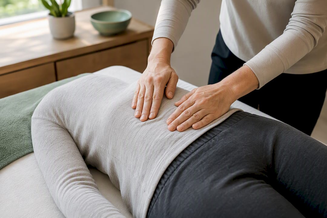 Therapist performing gentle abdominal palpation