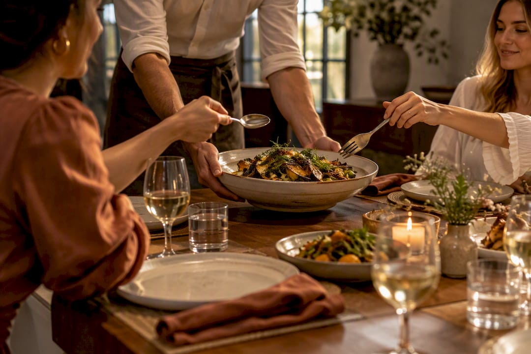 Guests sharing a dish at dinner