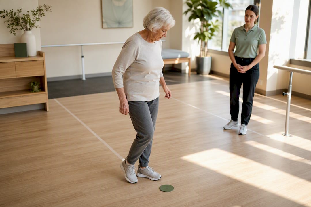 Older adult practicing gait training with therapist