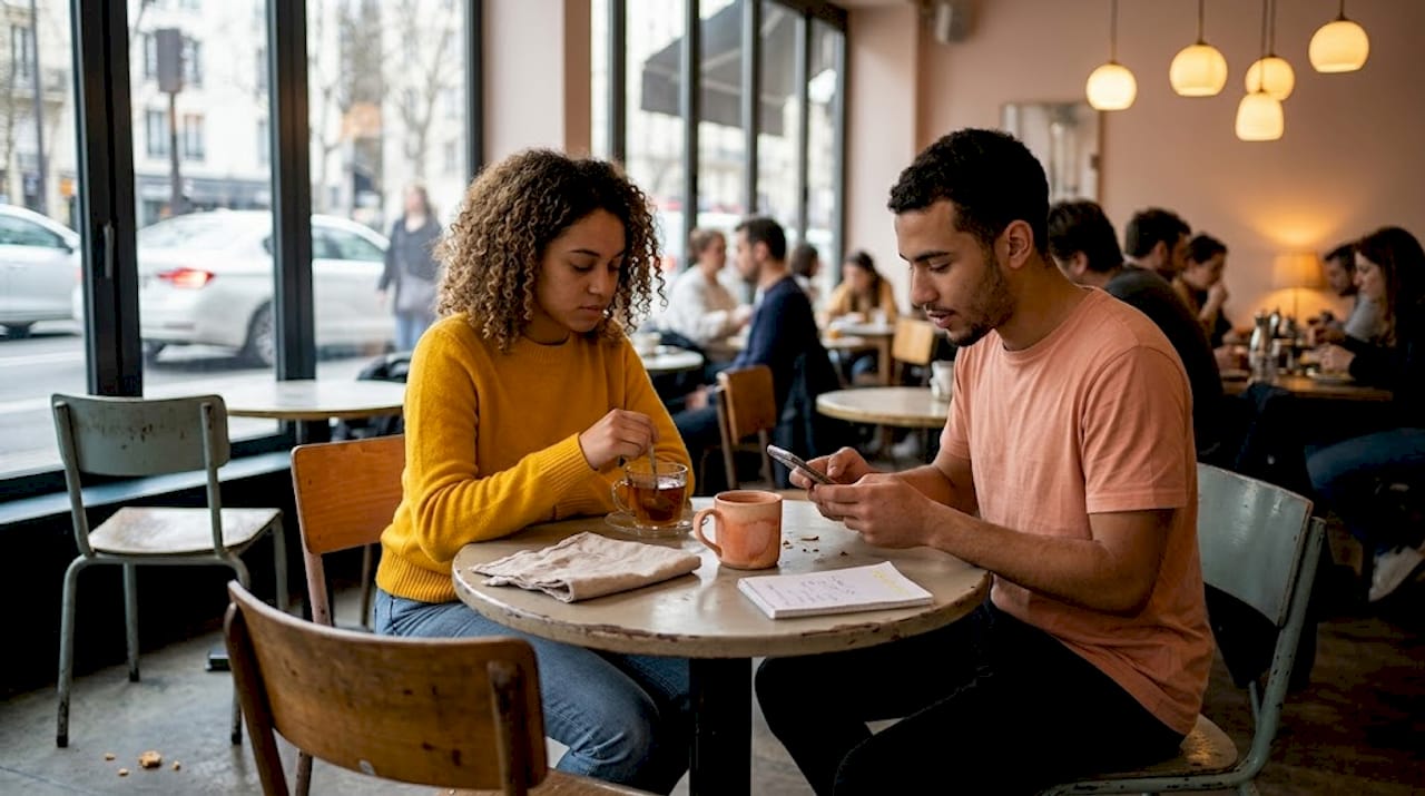 Young adults interacting at café table