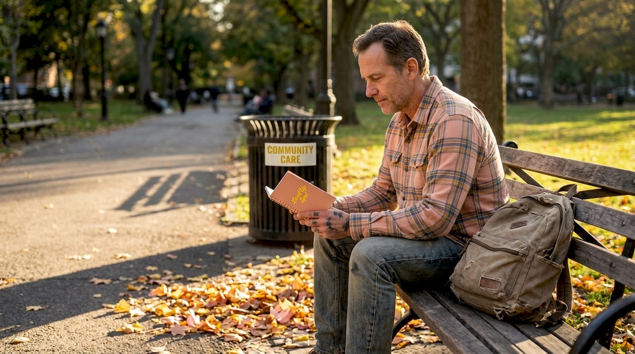 Man reflecting on park bench recovery journey