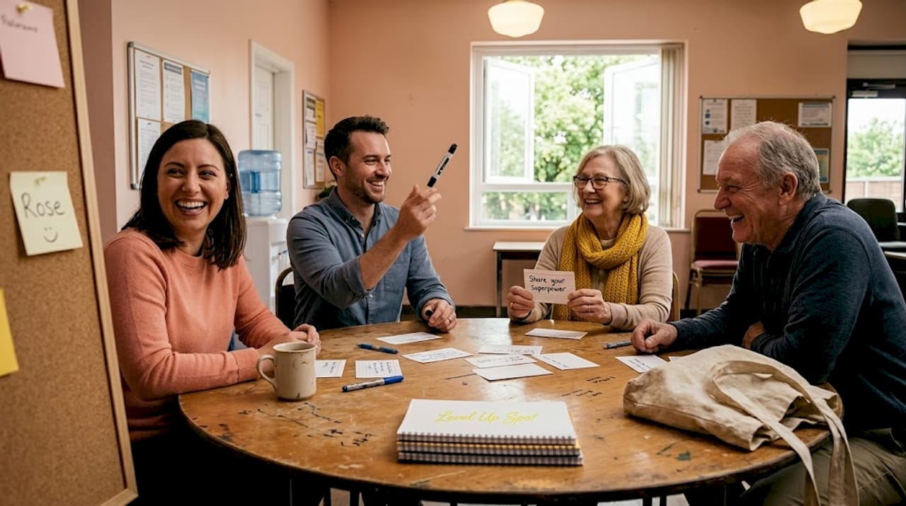 Adults playing icebreaker game in community room