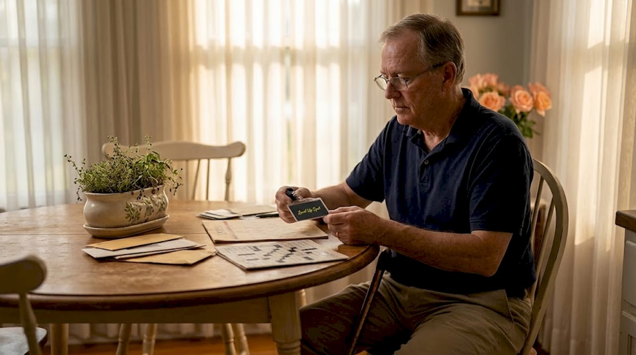 Retired man sorting badges at dining table