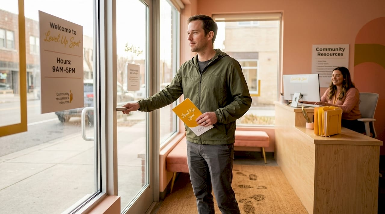 Man entering community center seeking support