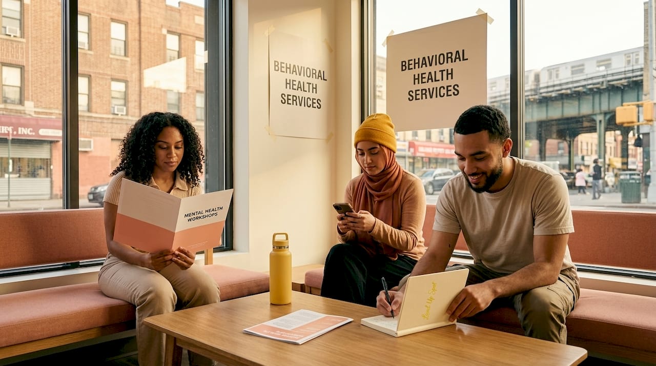 Young adults waiting in Queens mental health clinic lounge