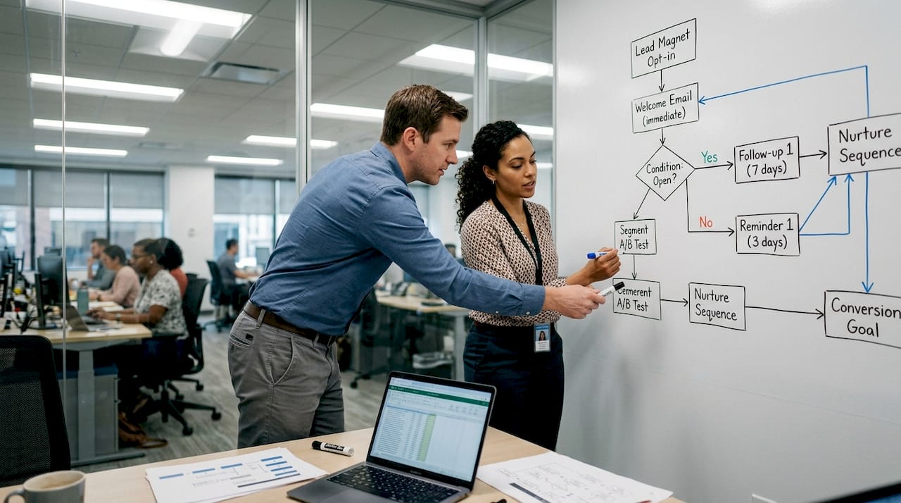 Colleagues plan email workflow at whiteboard
