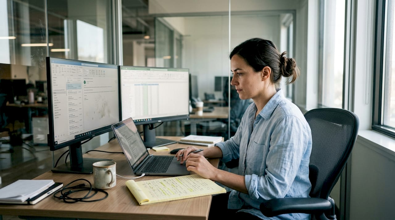 Professional verifying email lists at office desk