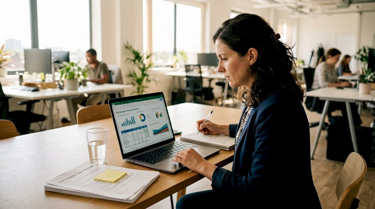 B2B marketing manager reviews email campaign workspace