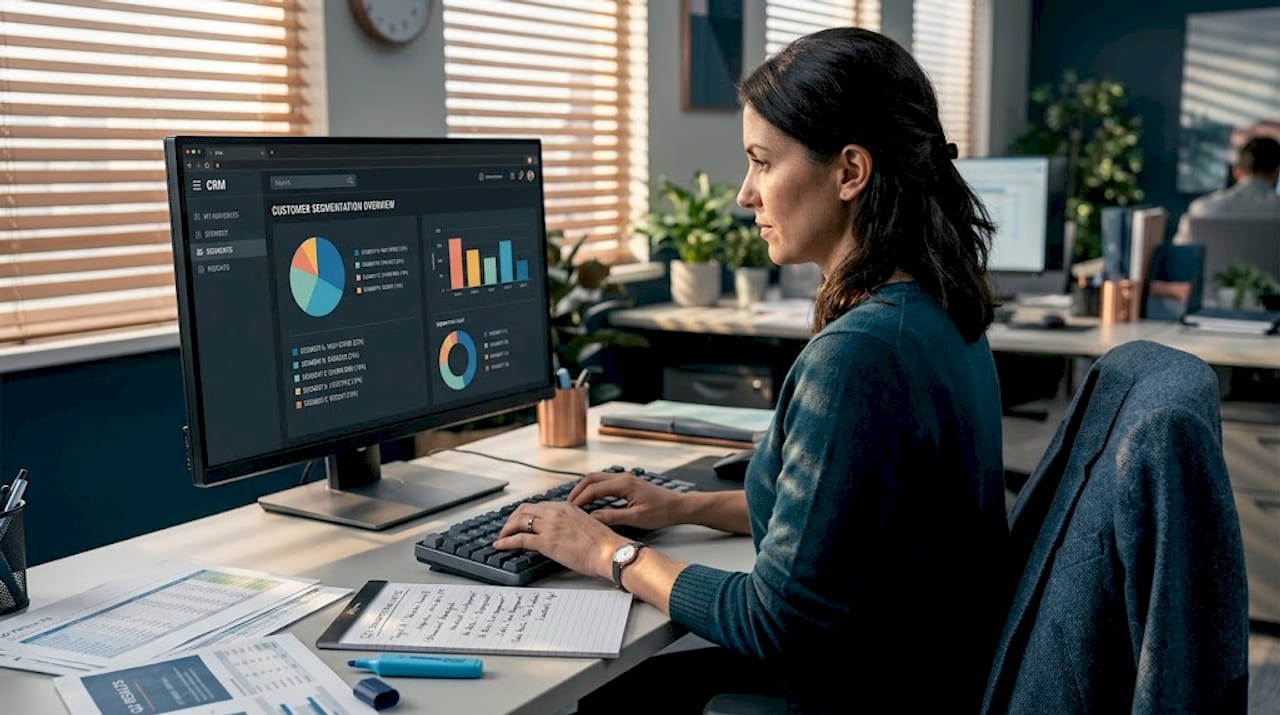 Professional reviewing business list segments at office desk