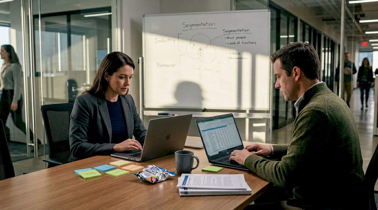 Colleagues review segmentation data in conference room