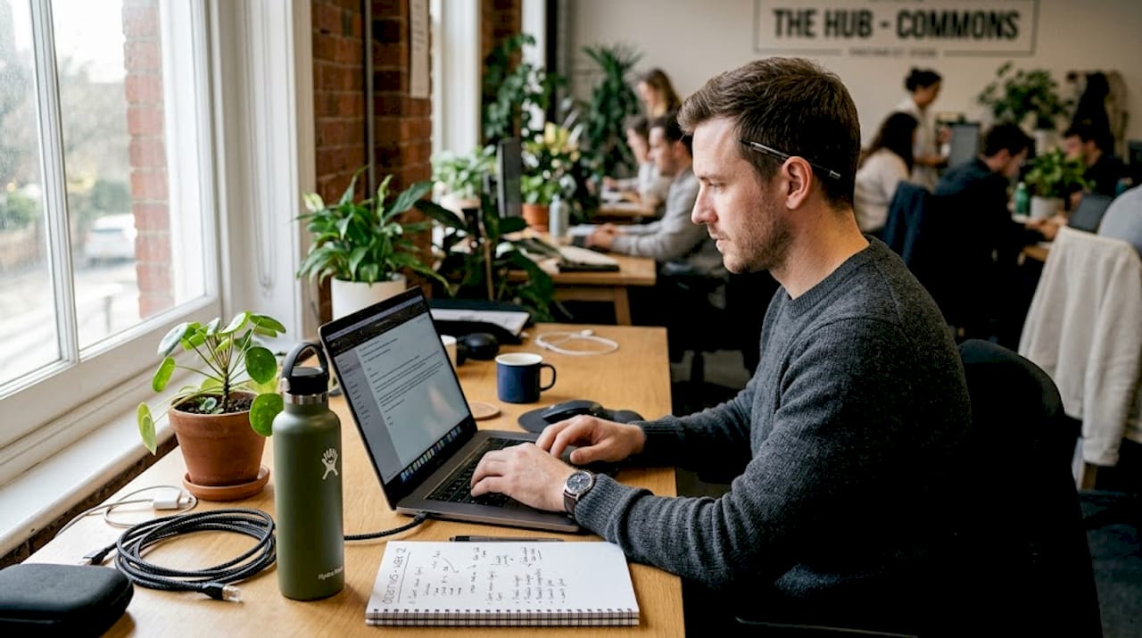 Professional drafting cold email at busy workspace