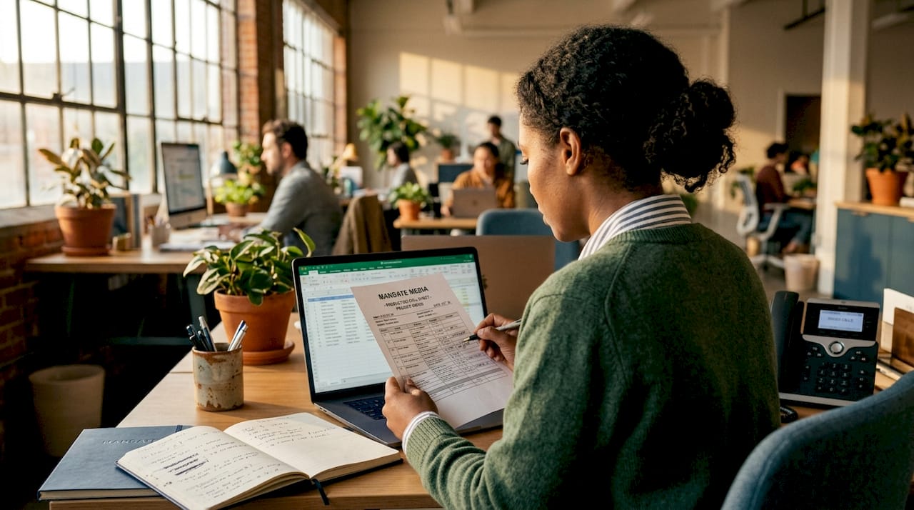 Person manually cross-checking contact data in office