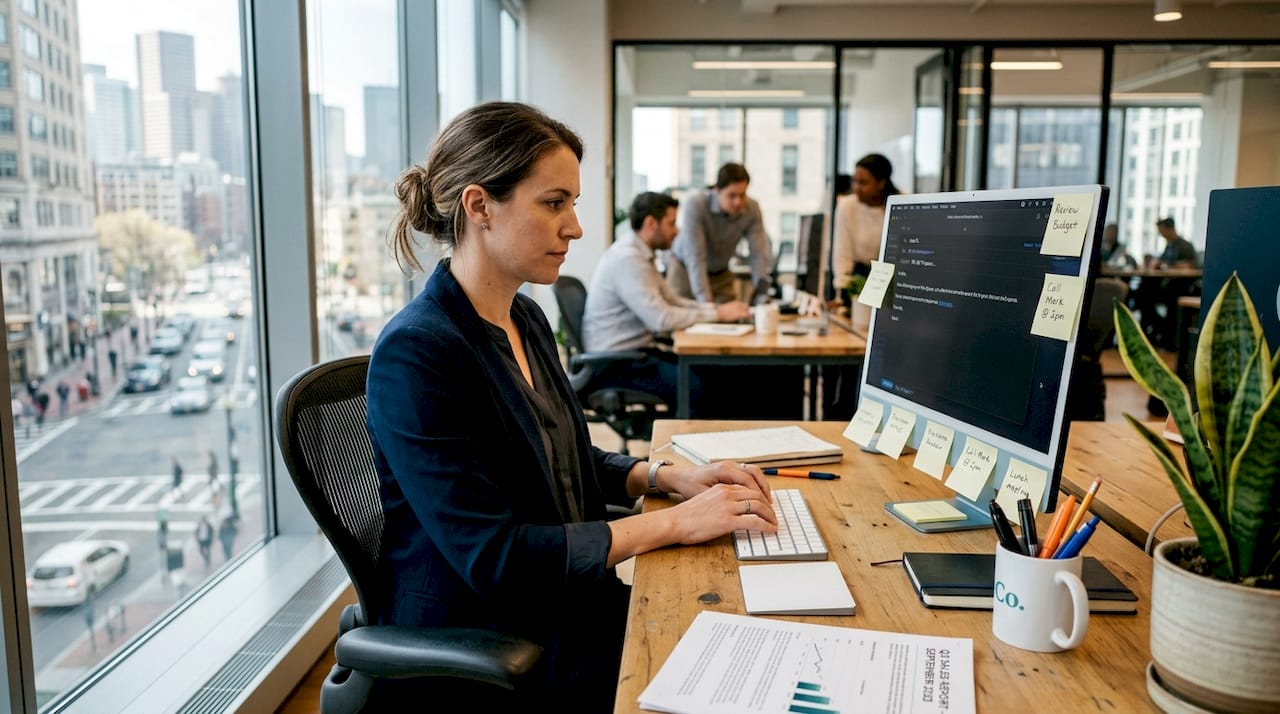 Professional sending emails in open business office
