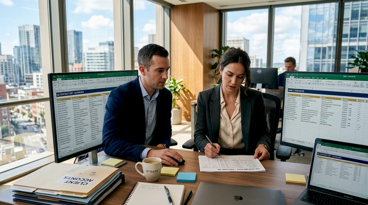 Business pros verifying contact information together