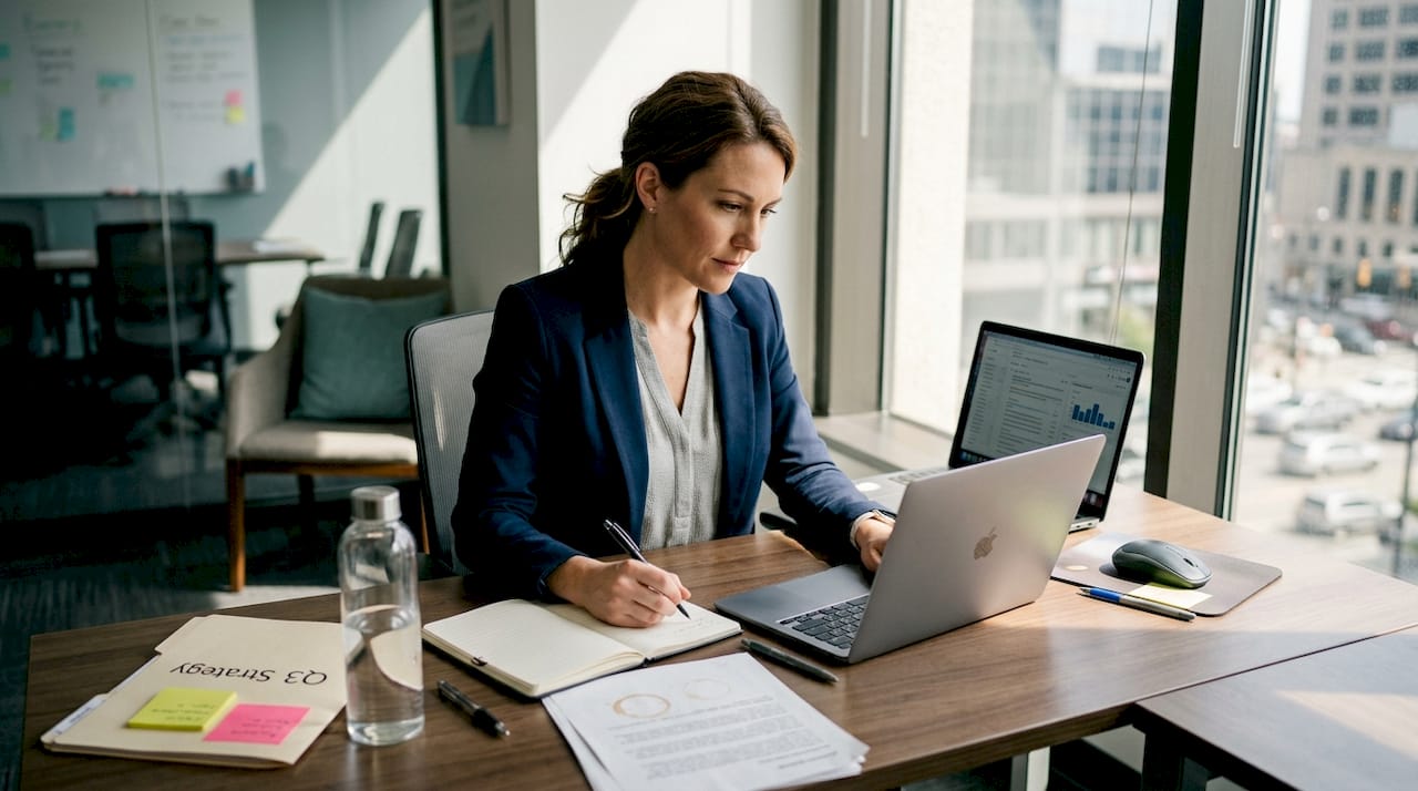 Manager reviewing leads at office desk