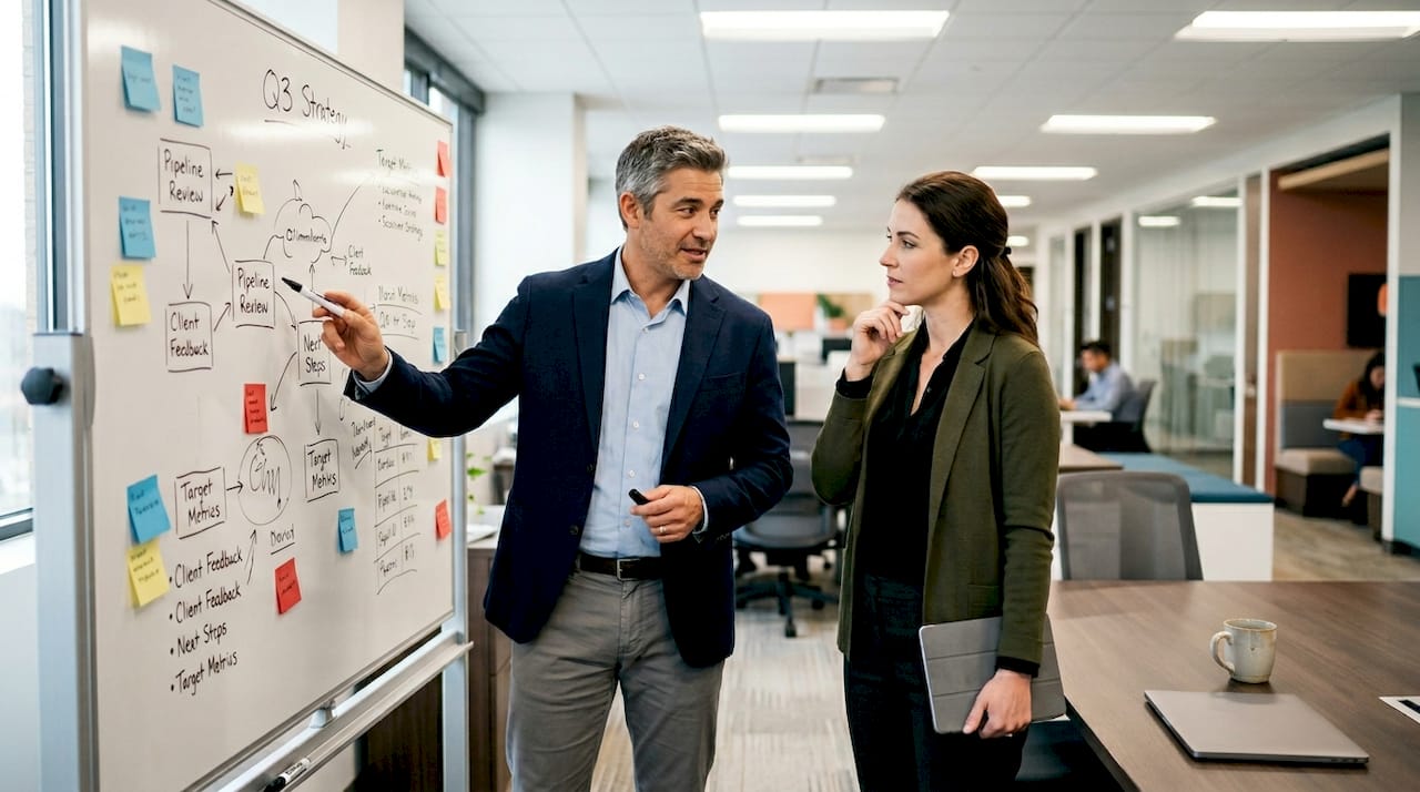Sales team discussing pipeline at whiteboard